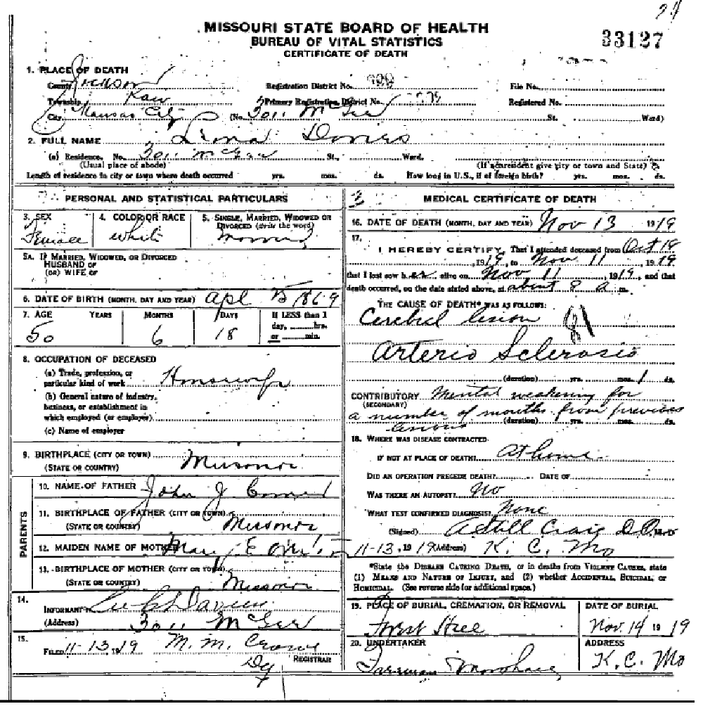 Death certificate of Davies, Leona A. Comer