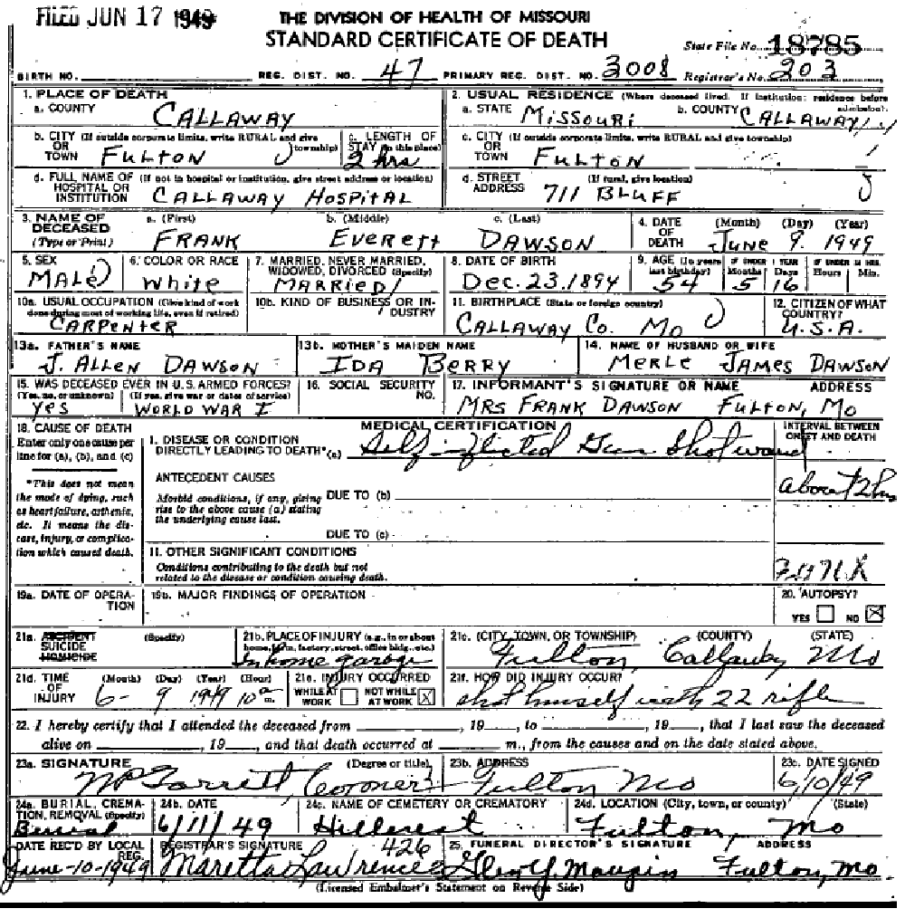 Death certificate of Dawson, Frank Everett