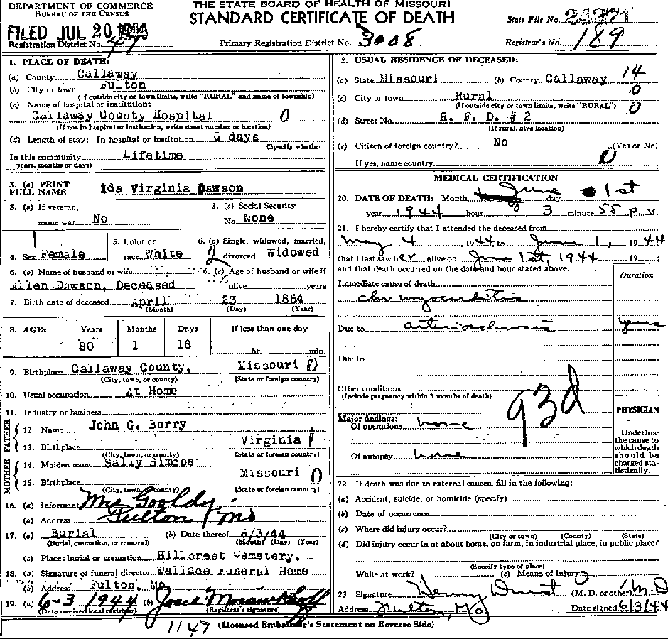 Death Certificate of Dawson, Ida Virginia Berry