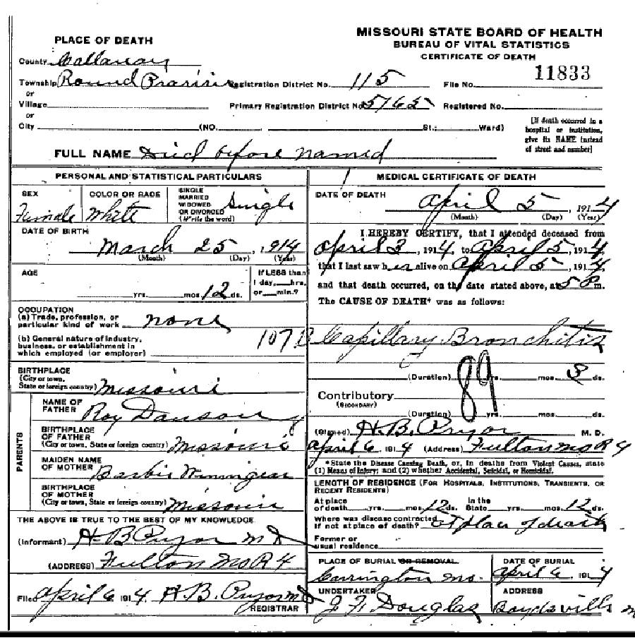 Death certificate of Dawson, Infant girl