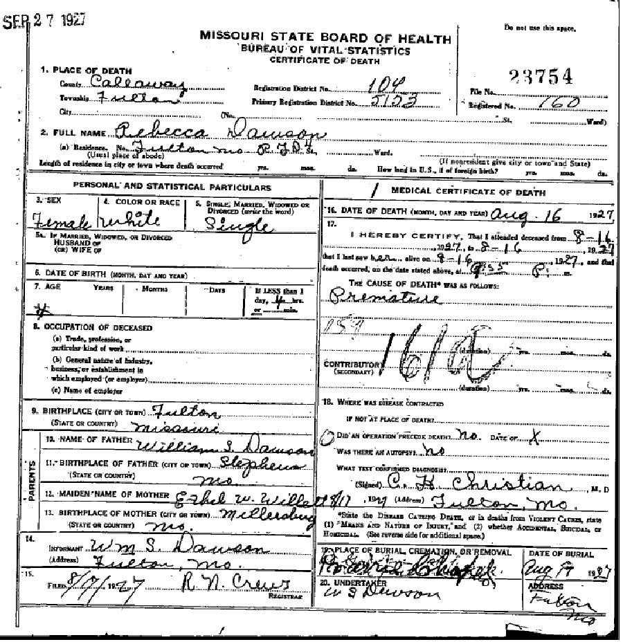 Death certificate of Dawson, Rebecca