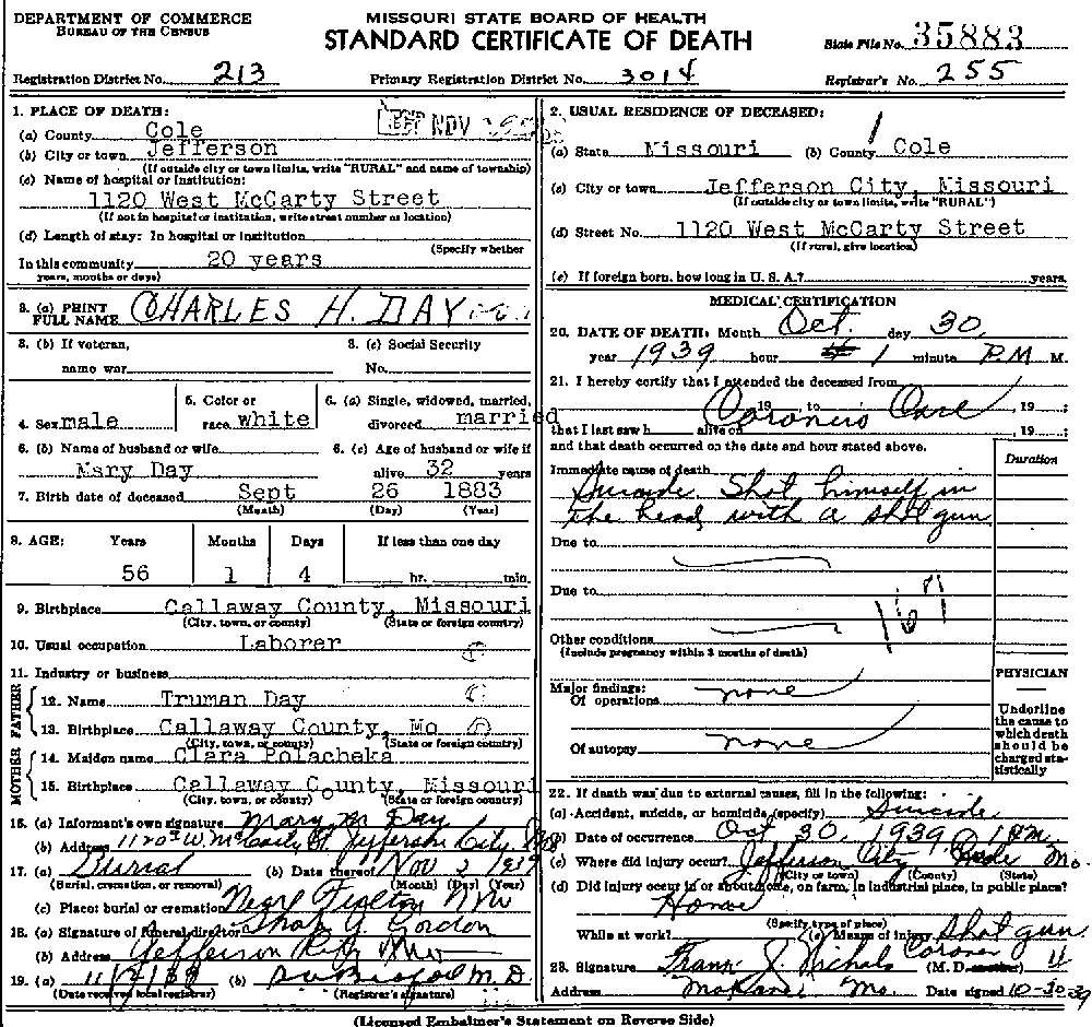 Death Certificate of Day, Charles Henry