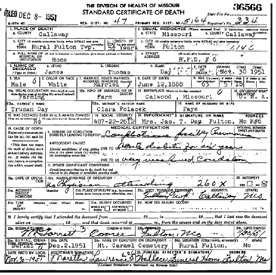 Death certificate of Day, James Thomas