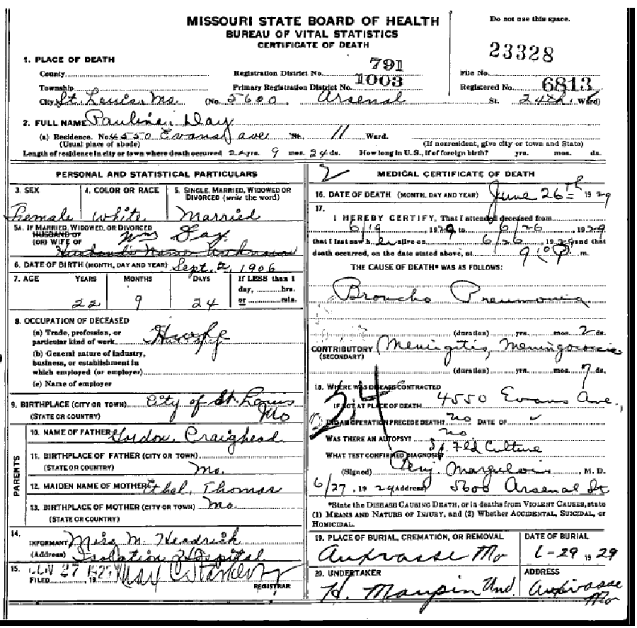 Death Certificate of Day, Pauline Craighead