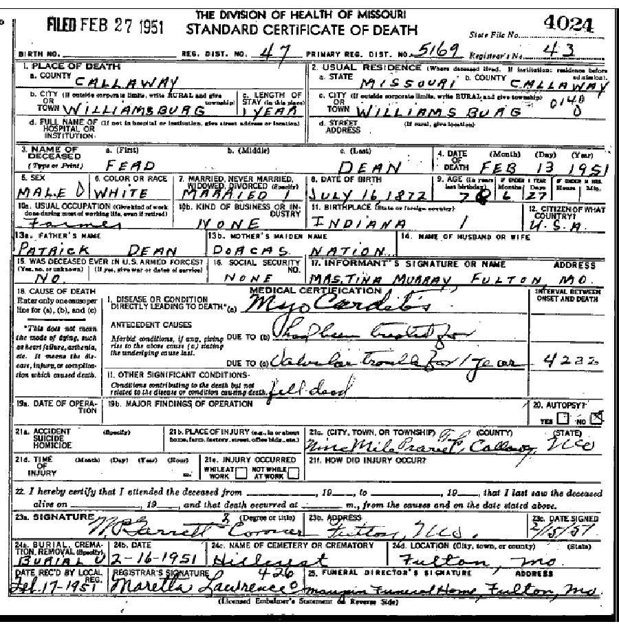 Death certificate of Dean, Ferdnant
