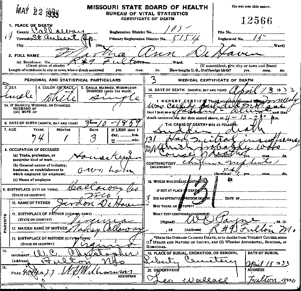 Death Certificate of DeHaven, Martha Ann