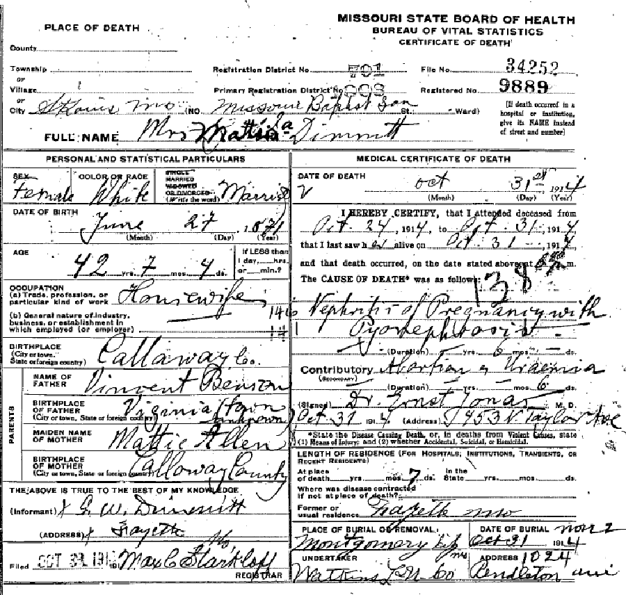 Death certificate of Dimmett, Martha Allen Benson
