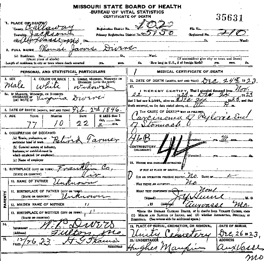 Death Certificate of Divers, Thomas Jarvis