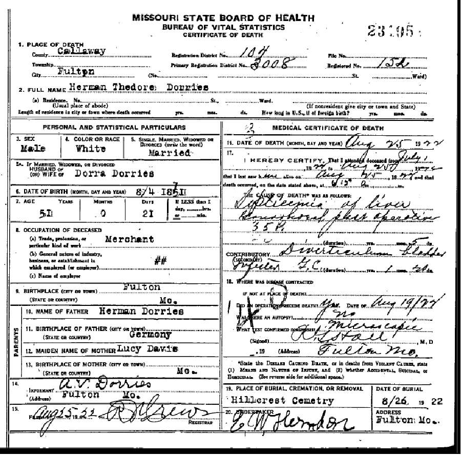 Death certificate of Dorries, Herman Thedore