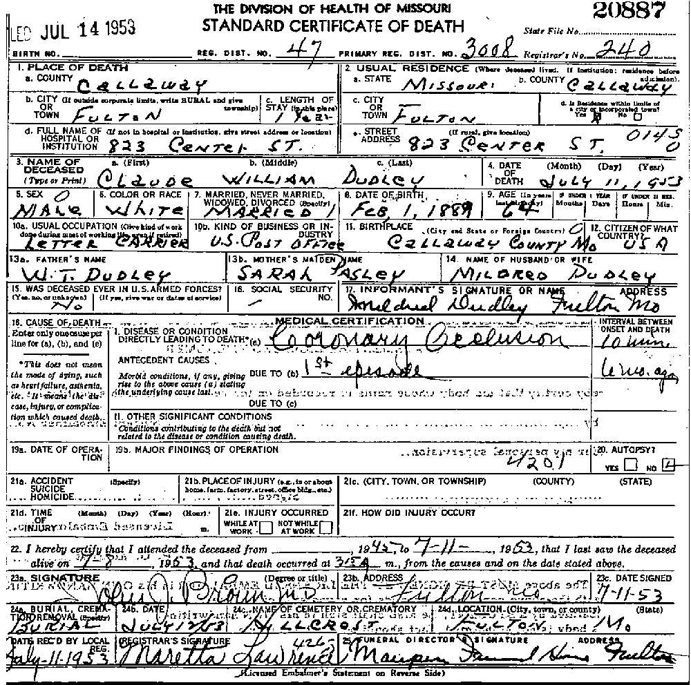 Death Certificate of Dudley, Claude William