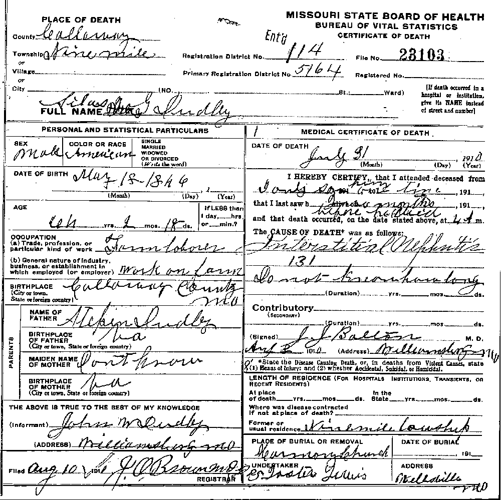 Death Certificate of Dudley, Silas G.