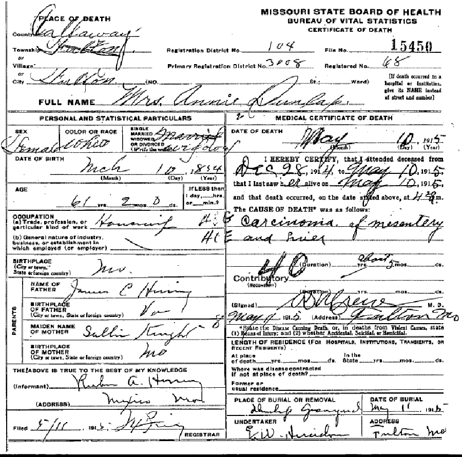 Death certificate of Dunlap, Annie Eliza Herring