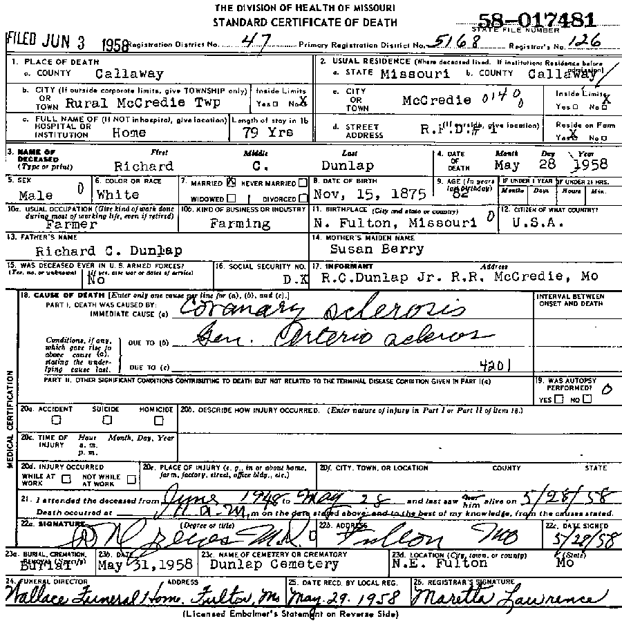 Death Certificate of Dunlap, Richard C.