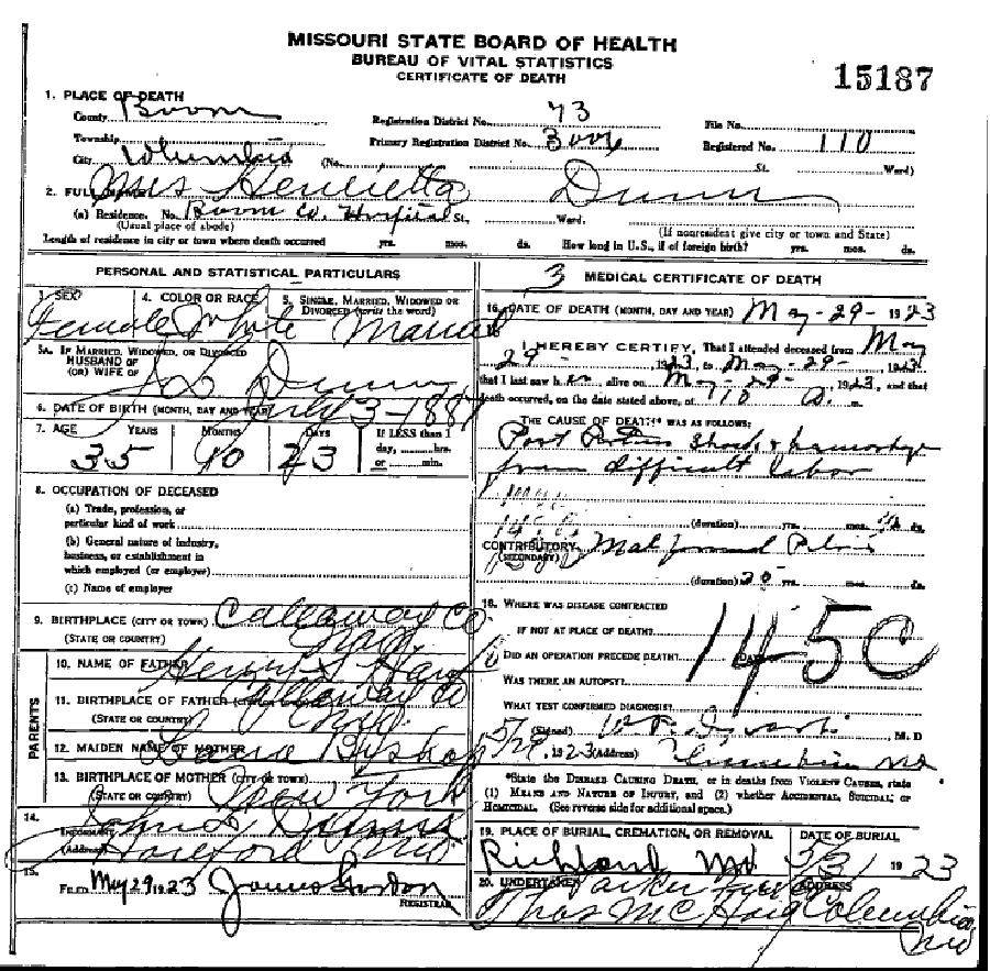 Death certificate of Dunn, Henrietta L. Houf