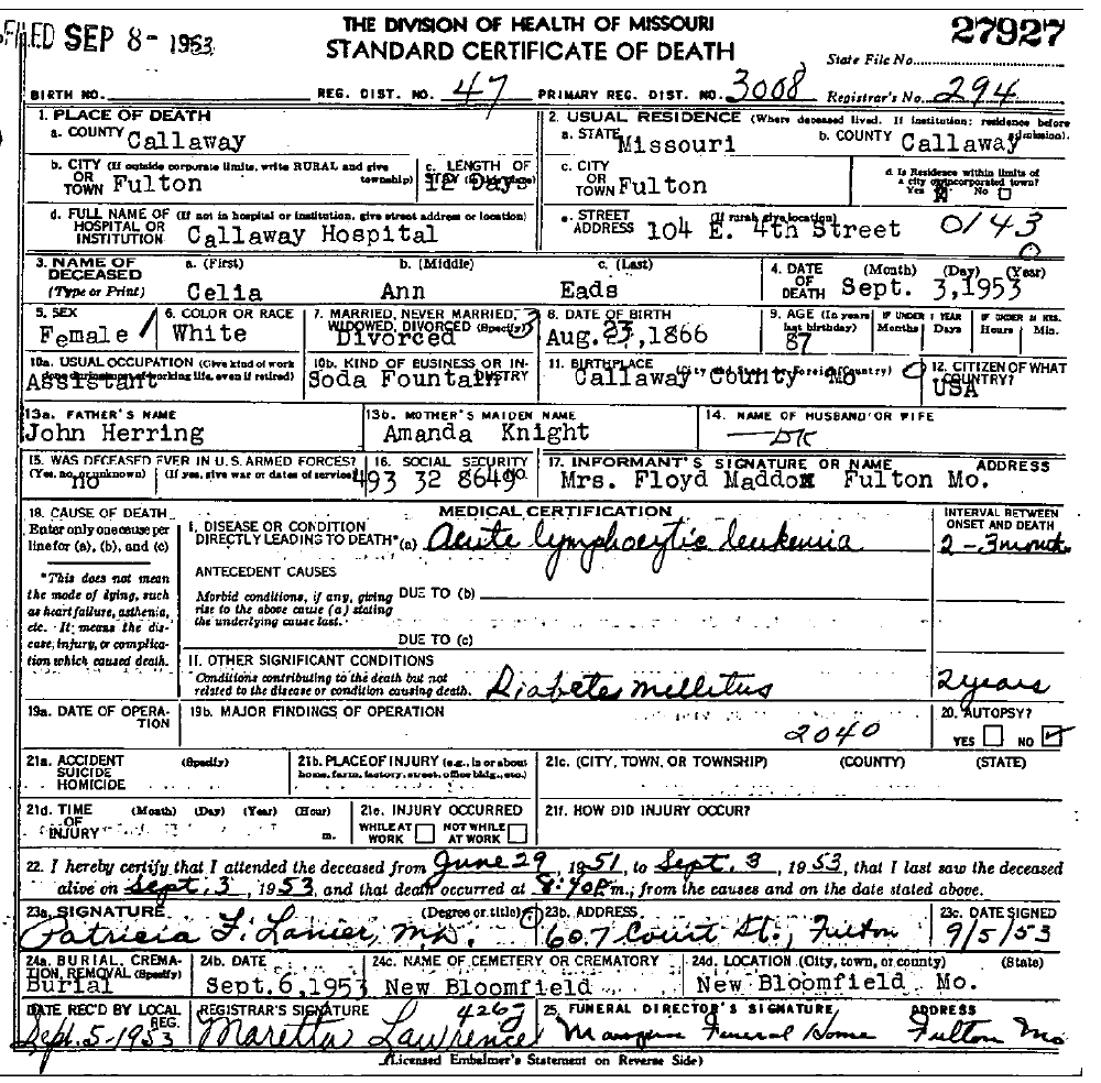 Death Certificate of Eads, Celia A. Herring