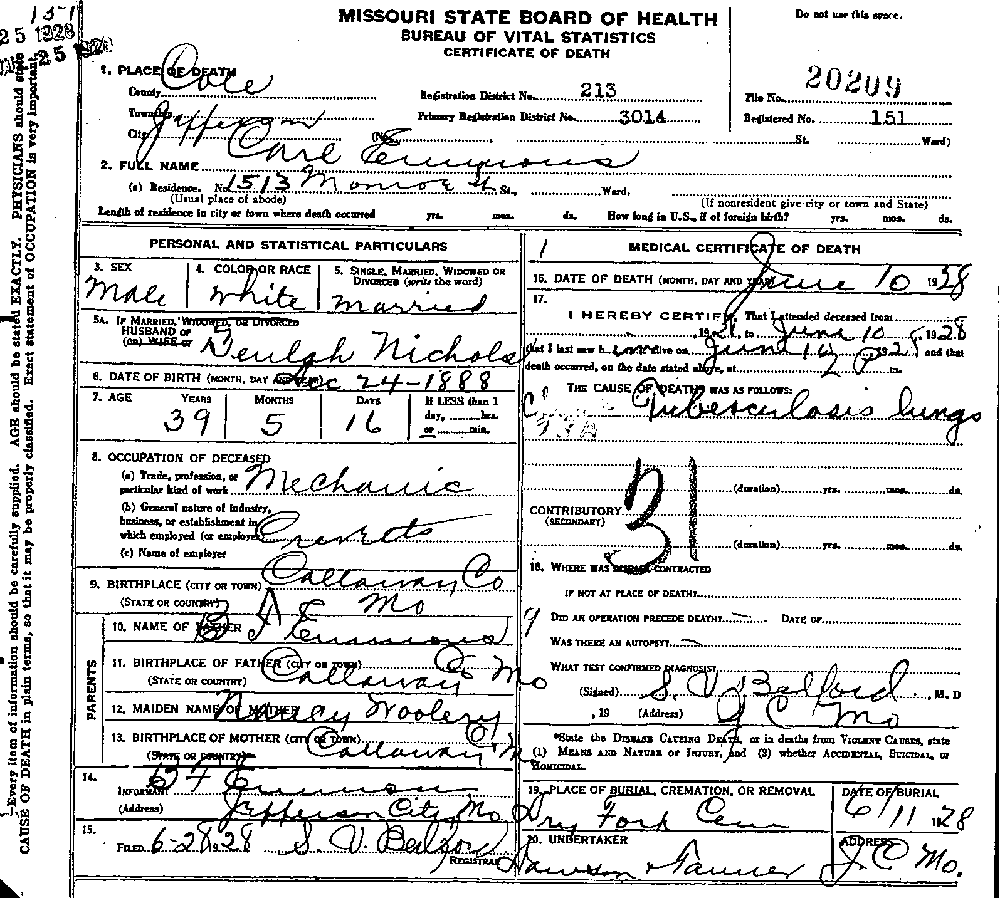 Death Certificate of Emmons, Carlton