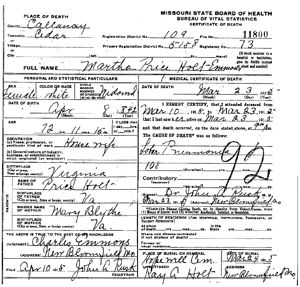 Death Certificate of Emmons, Martha Price Holt