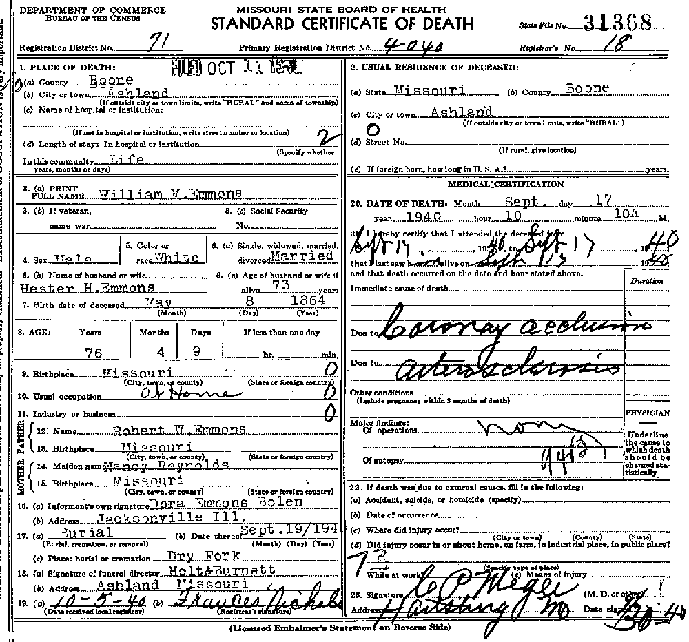 Death Certificate of Emmons, William M.