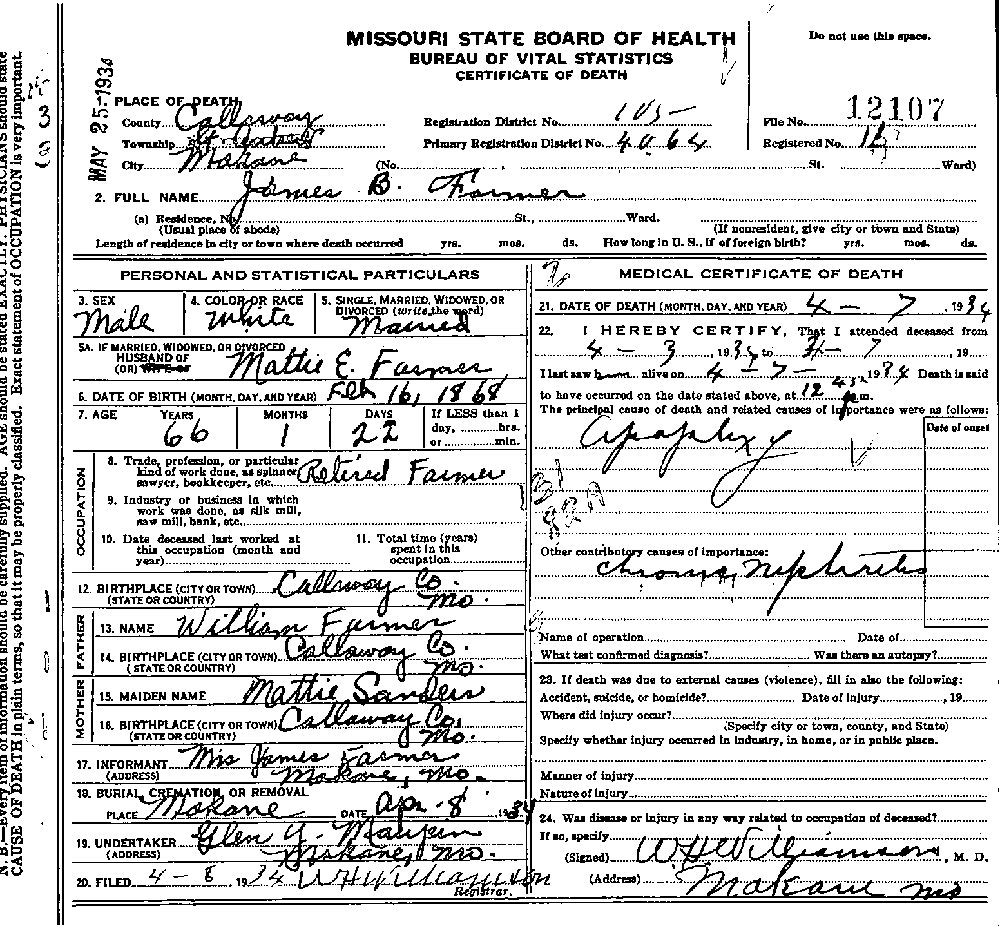 Death Certificate of Farmer, James B.