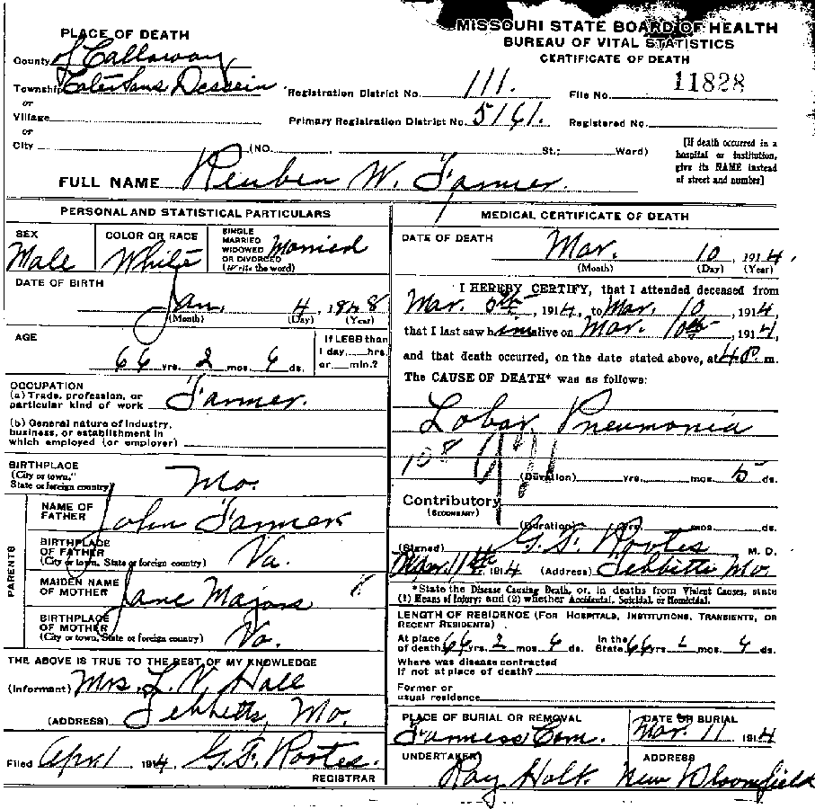 Death Certificate of Farmer, Reuben W.