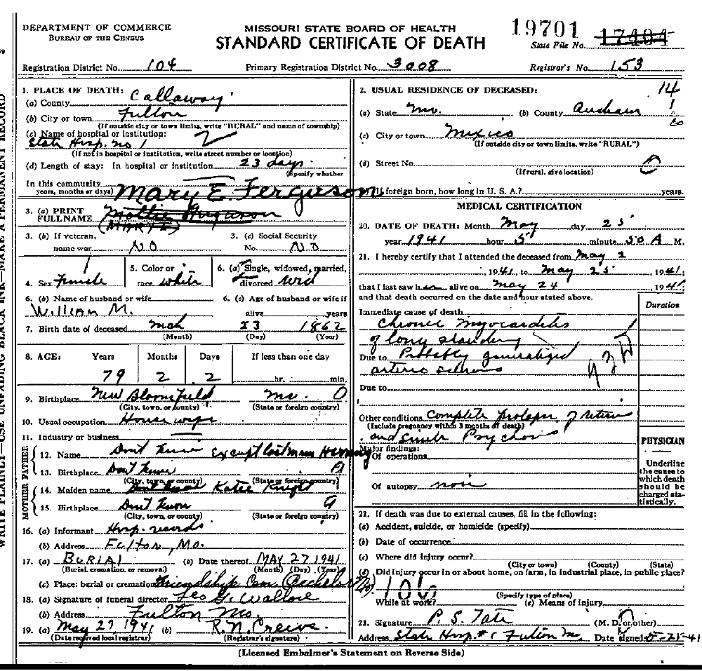 Death Certificate of Ferguson, Mary Elizabeth Herring
