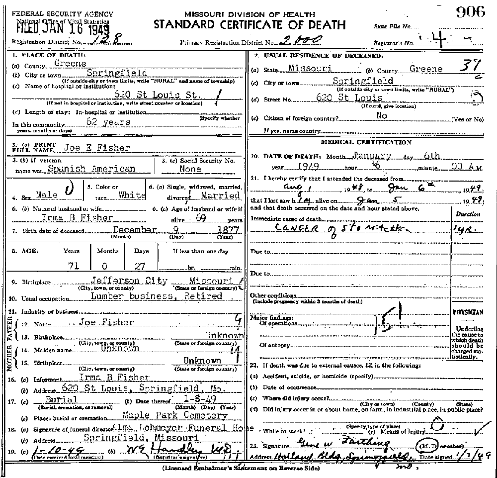 Death Certificate of Fisher, Joseph E.