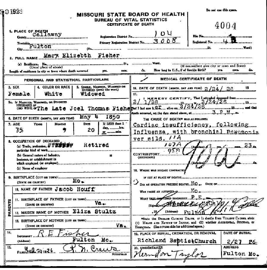 Death certificate of Fisher, Mary Elizabeth Houf