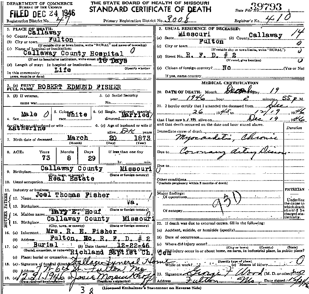 Death Certificate of Fisher, Robert Edmund