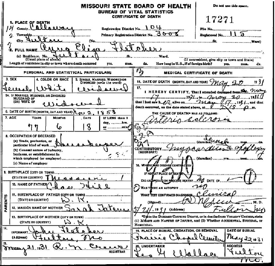 Death certificate of Fletcher, Annie Eliza Hill