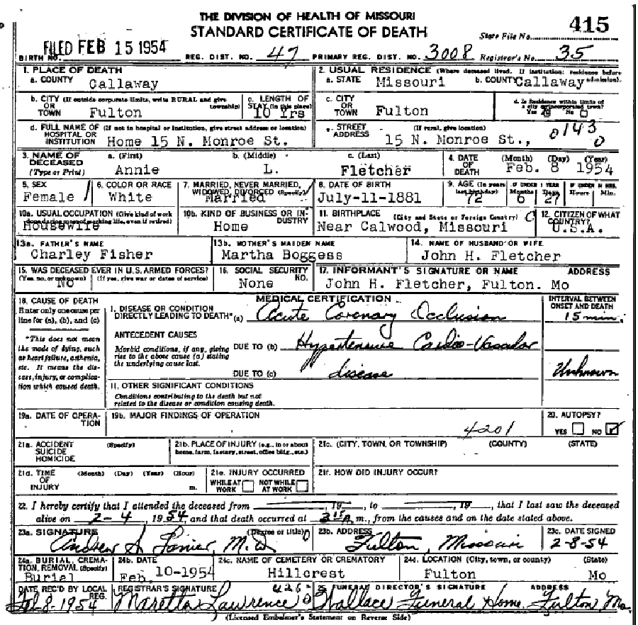 Death certificate of Fletcher, Annie Lee Fisher