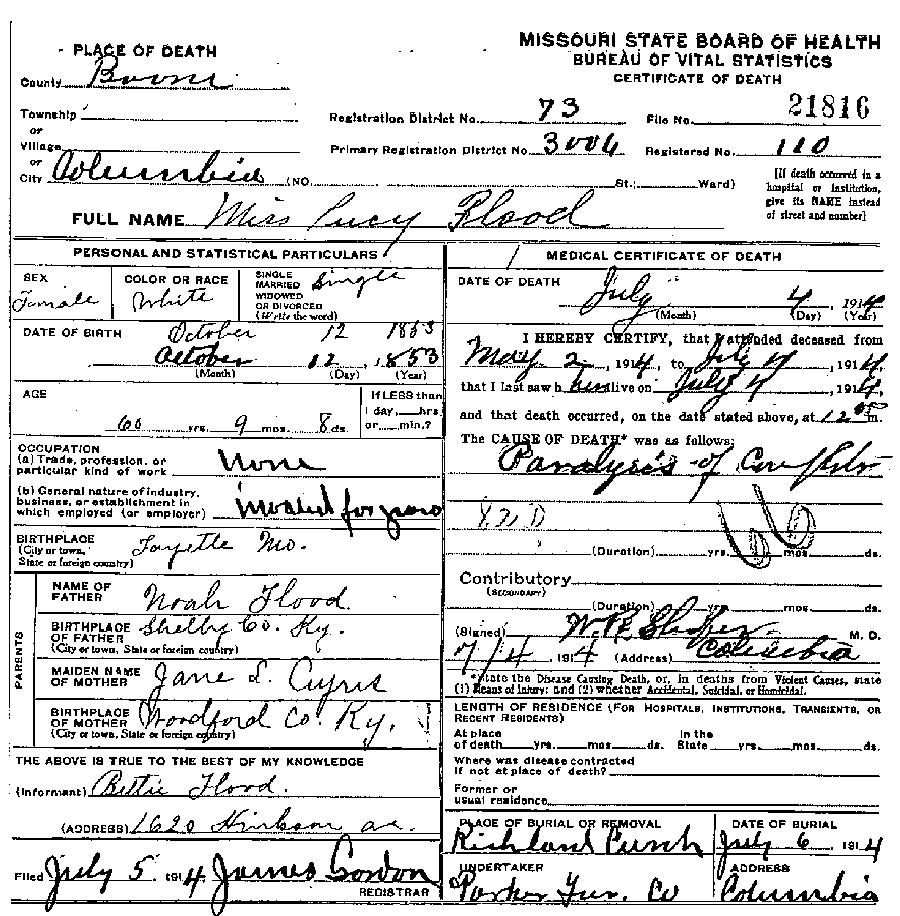 Death certificate of Flood, Lucy Evalena