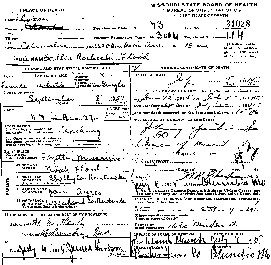 Death certificate of Flood, Sallie Rochester