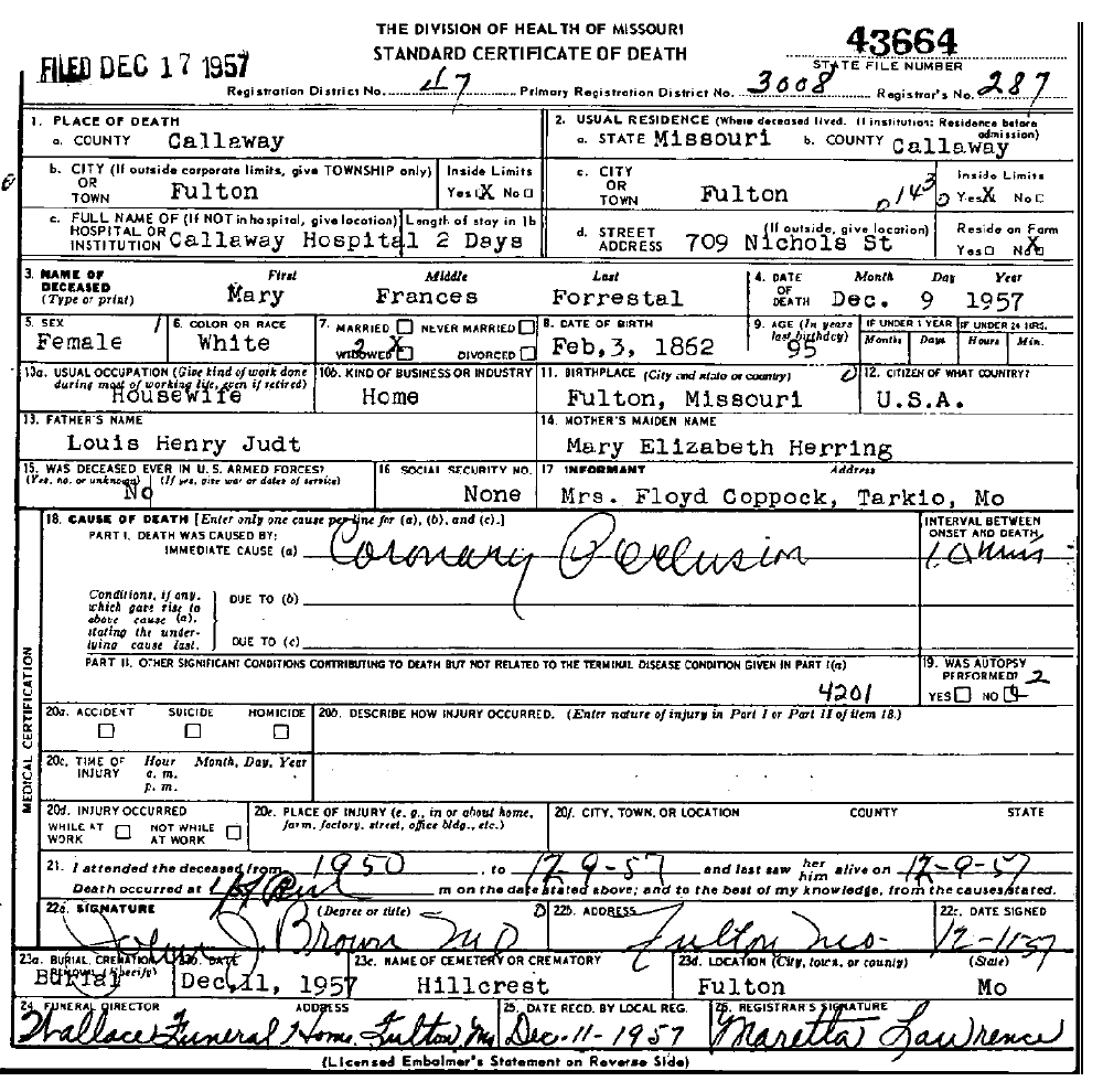 Death Certificate of Forrestal, Mary Frances Judt