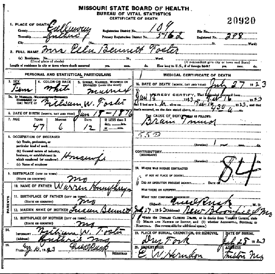Death certificate of Foster, Ella Bennett Humphreys Clatterbuck