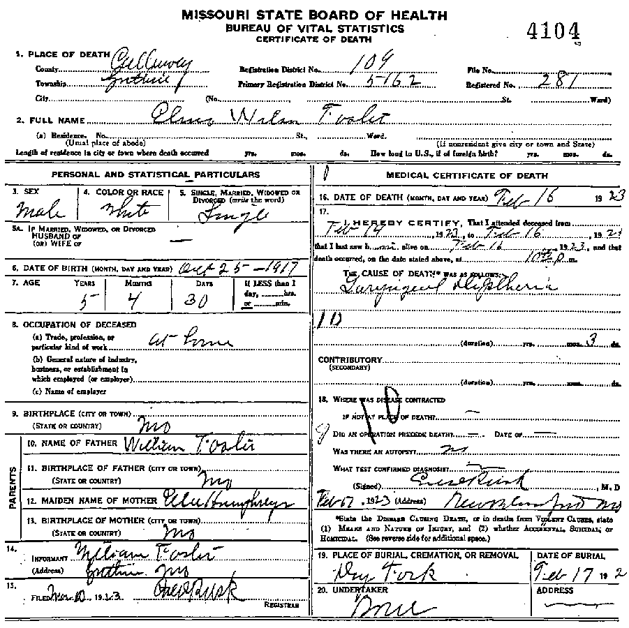 Death Certificate of Foster, Elmo Wilson