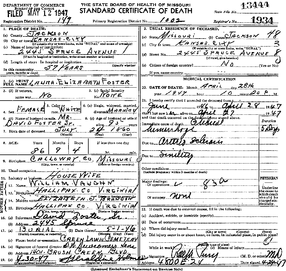 Death Certificate of Foster, Laura Elizabeth Vaughn