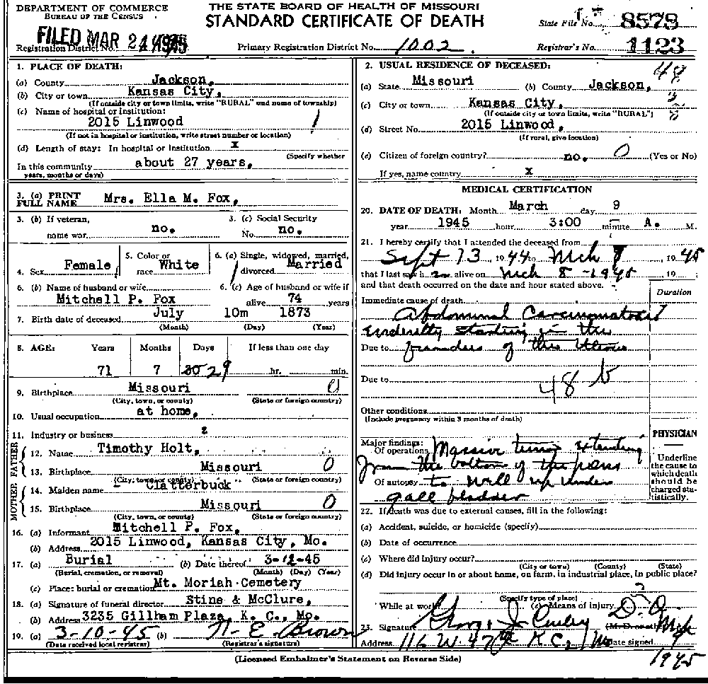 Death Certificate of Fox, Mary Ella Holt Foster