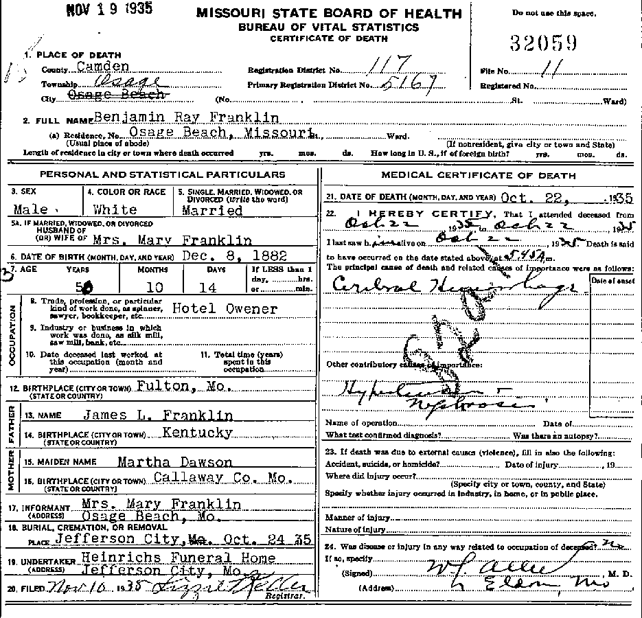 Death Certificate of Franklin, Benjamin Ray