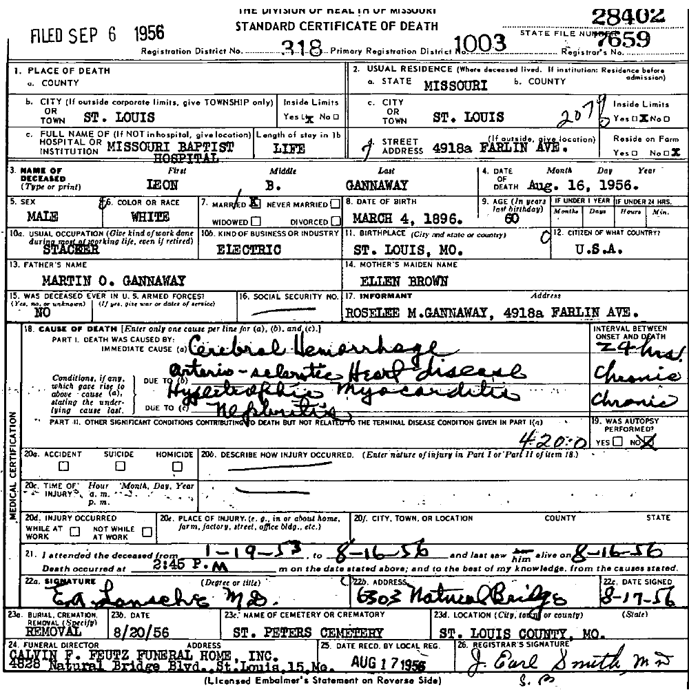 Death Certificate of Gannaway, Leon B.