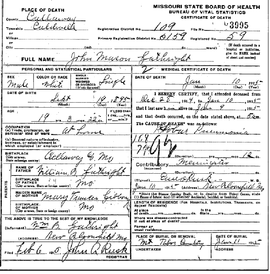 Death certificate of Gathright, John Mason