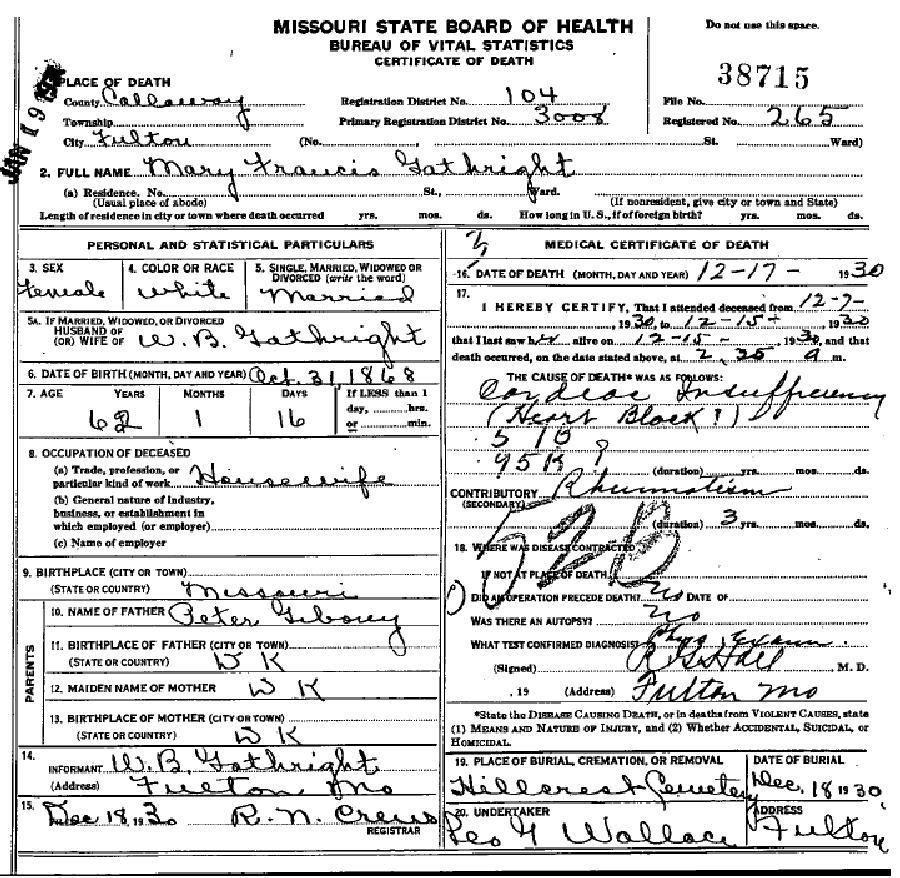 Death certificate of Gathright, Mary Francis Giboney