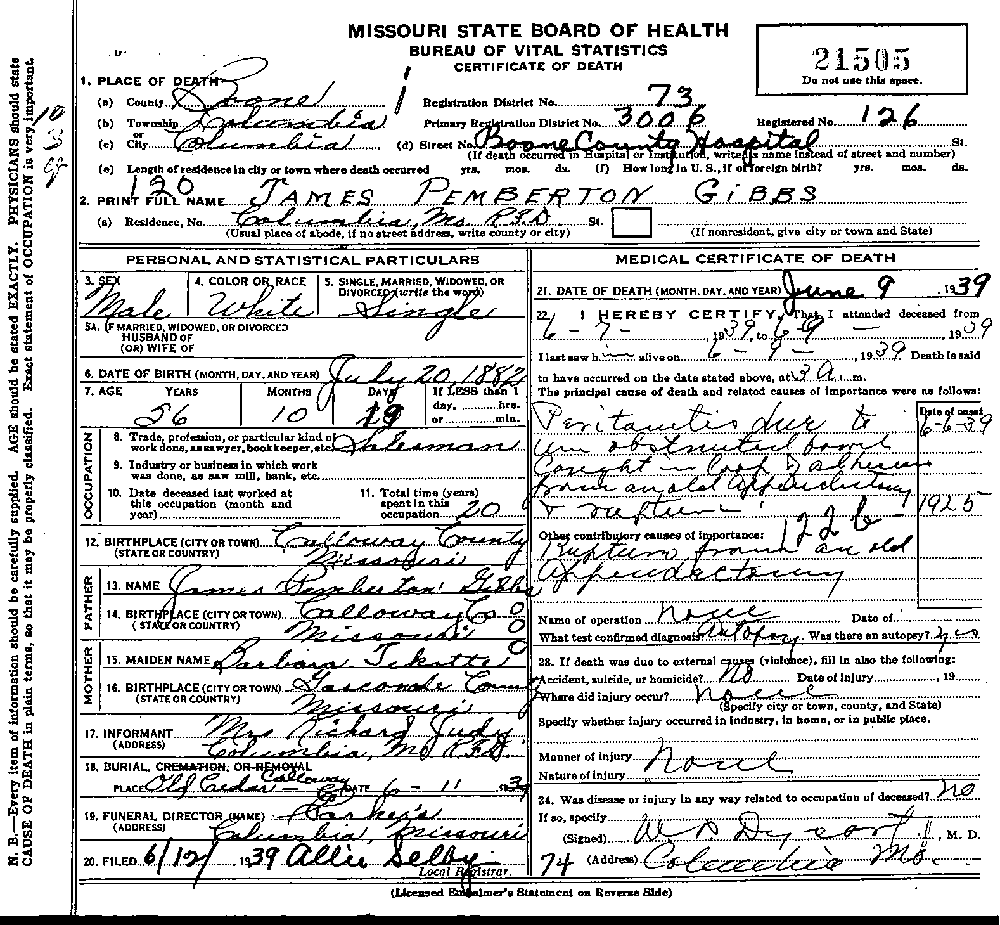 Death Certificate of Gibbs, James Pemberton Jr.
