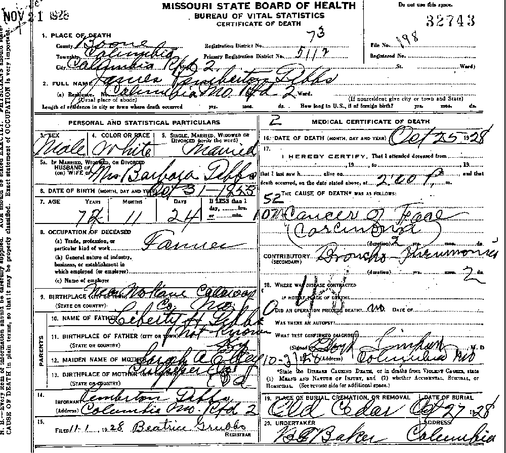 Death Certificate of Gibbs, James Pemberton Sr.