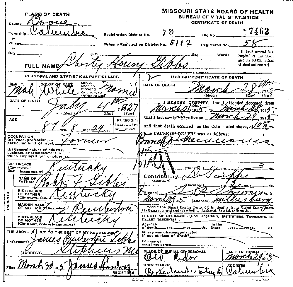 Death Certificate of Gibbs, Liberty Henry