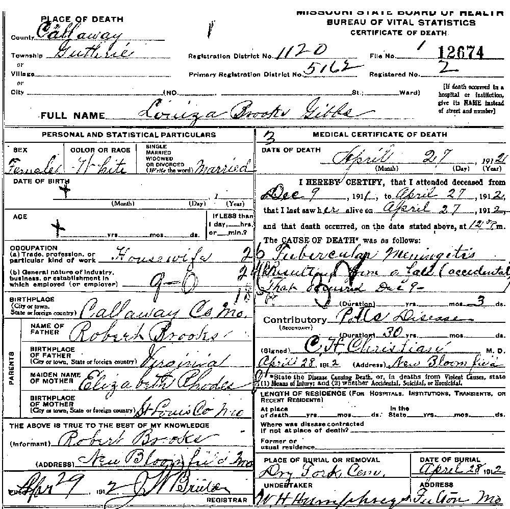 Death Certificate of Gibbs, Louiza Brooks