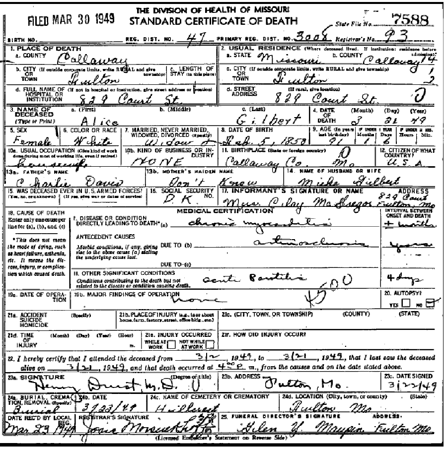 Death certificate of Gilbert, Alice Davis
