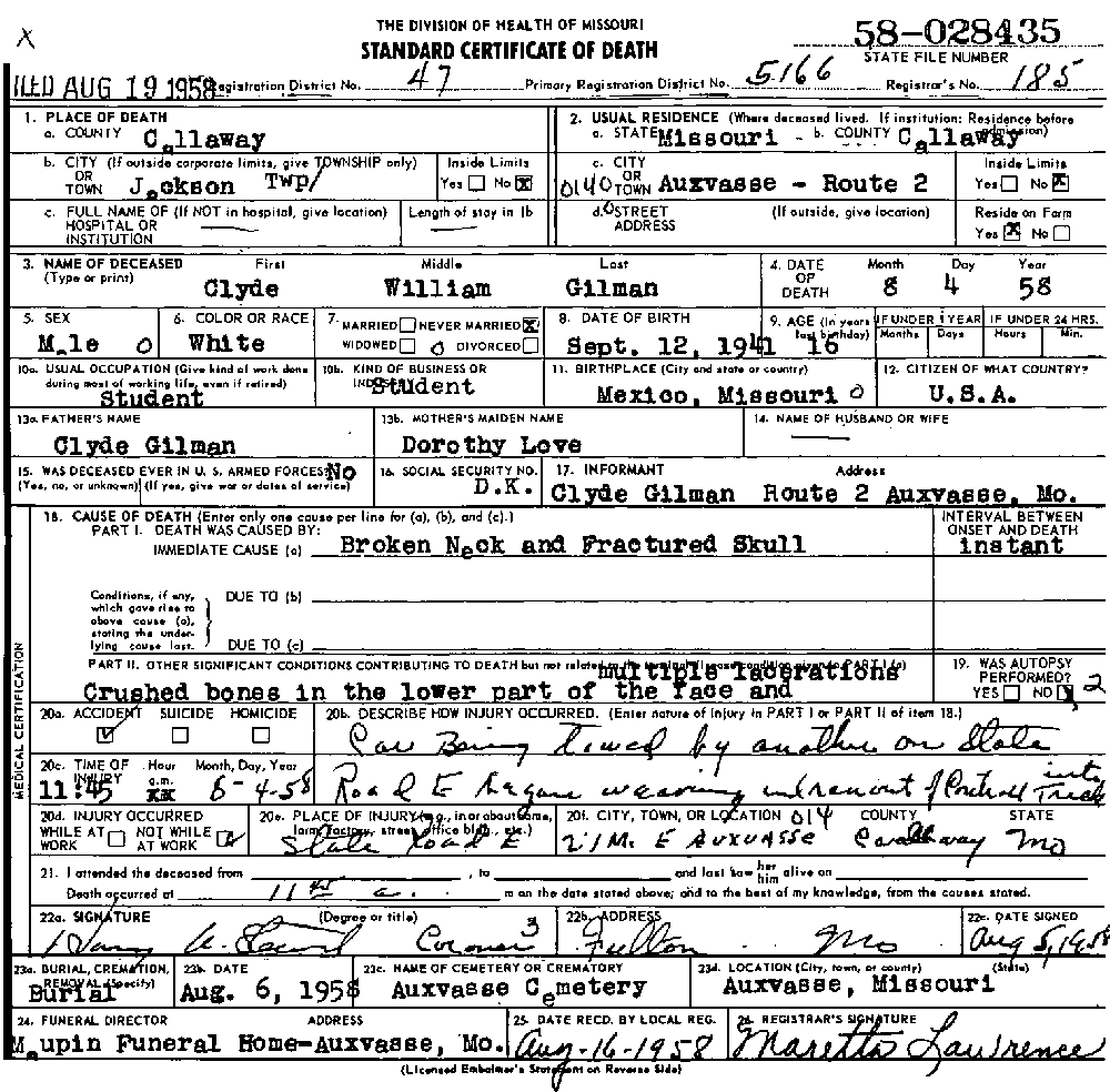 Death Certificate of Gilman, Clyde William