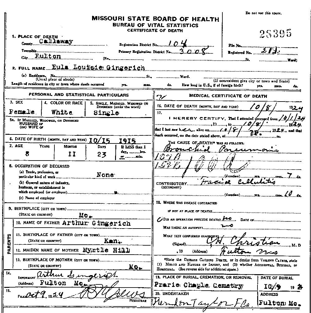 Death Certificate of Gingrich, Beulah Louise