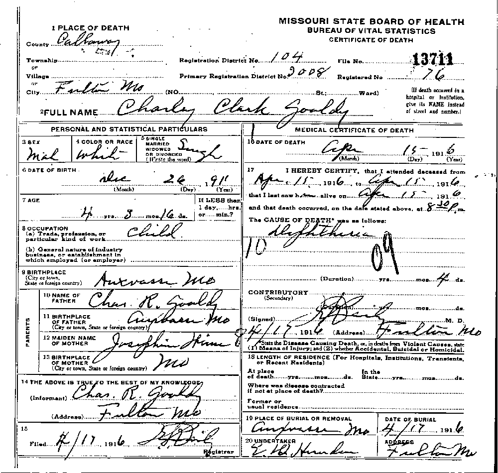 Death Certificate of Gooldy, Charles Clark