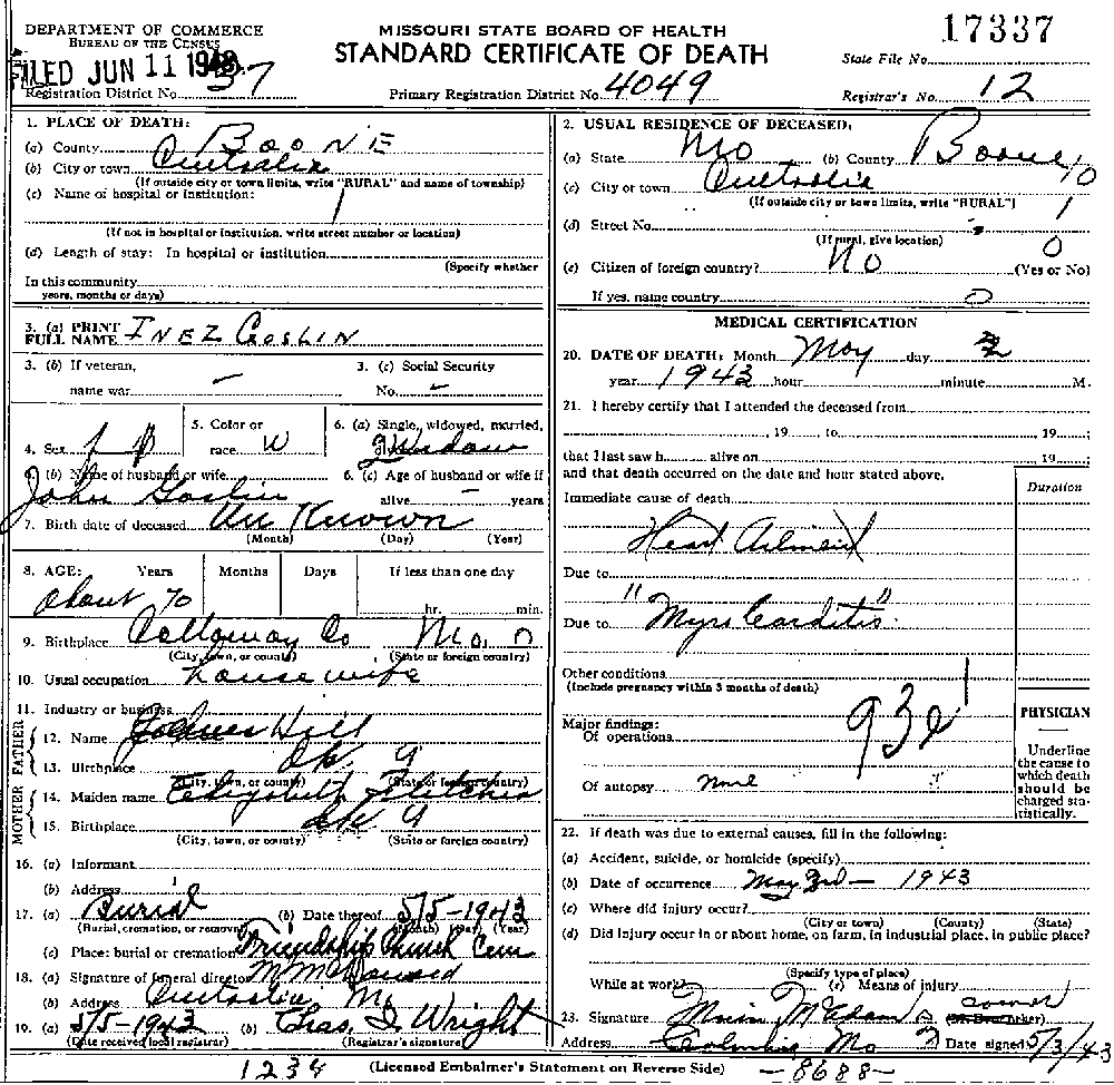 Death Certificate of Goslin, Inez Hill